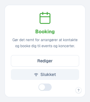 Booking-modulet på DanskeMusikere.dk i slukket tilstand, som det ses under Mit indhold med Rediger-knap og en kontakt der tænder modulet Booking-modulet på DanskeMusikere.dk i slukket tilstand, som det ses under Mit indhold med Rediger-knap og en kontakt der tænder modulet